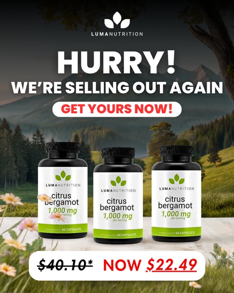 A high-urgency promotional graphic featuring a price drop for Citrus Bergamot supplement bottles against a nature-themed backdrop.